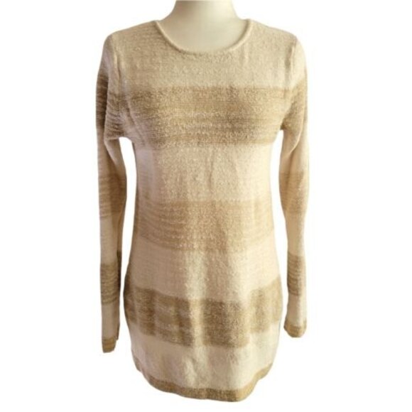 CALVIN KLEIN Sweater size Medium Brown beige Stripes Sheer Back insert - Picture 9 of 11